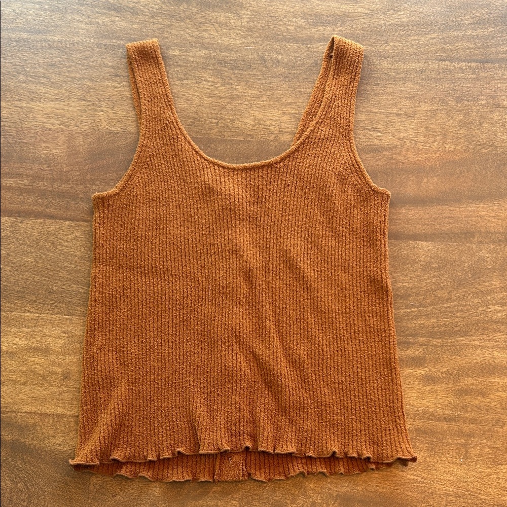 Madewell, Rust/Burnt-Orange Ribbed Button-Front Tank w/ Ruffle Hem - Picture 3 of 5